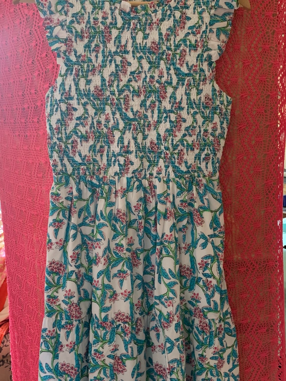 J. Crew Smocked Sundress with Teal Green and Pink Floral Print